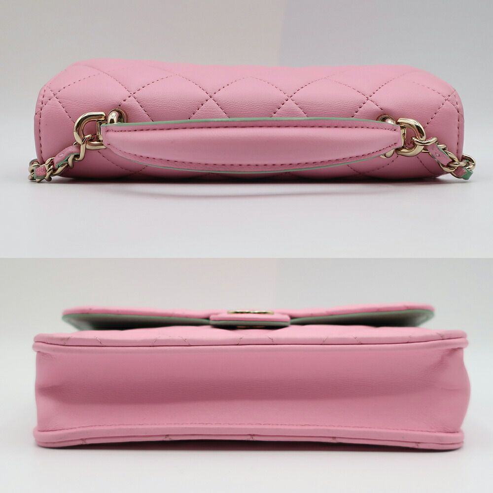 Chanel Ten Quilted Flap Phone Case Pink Green Gold Chain — view 4