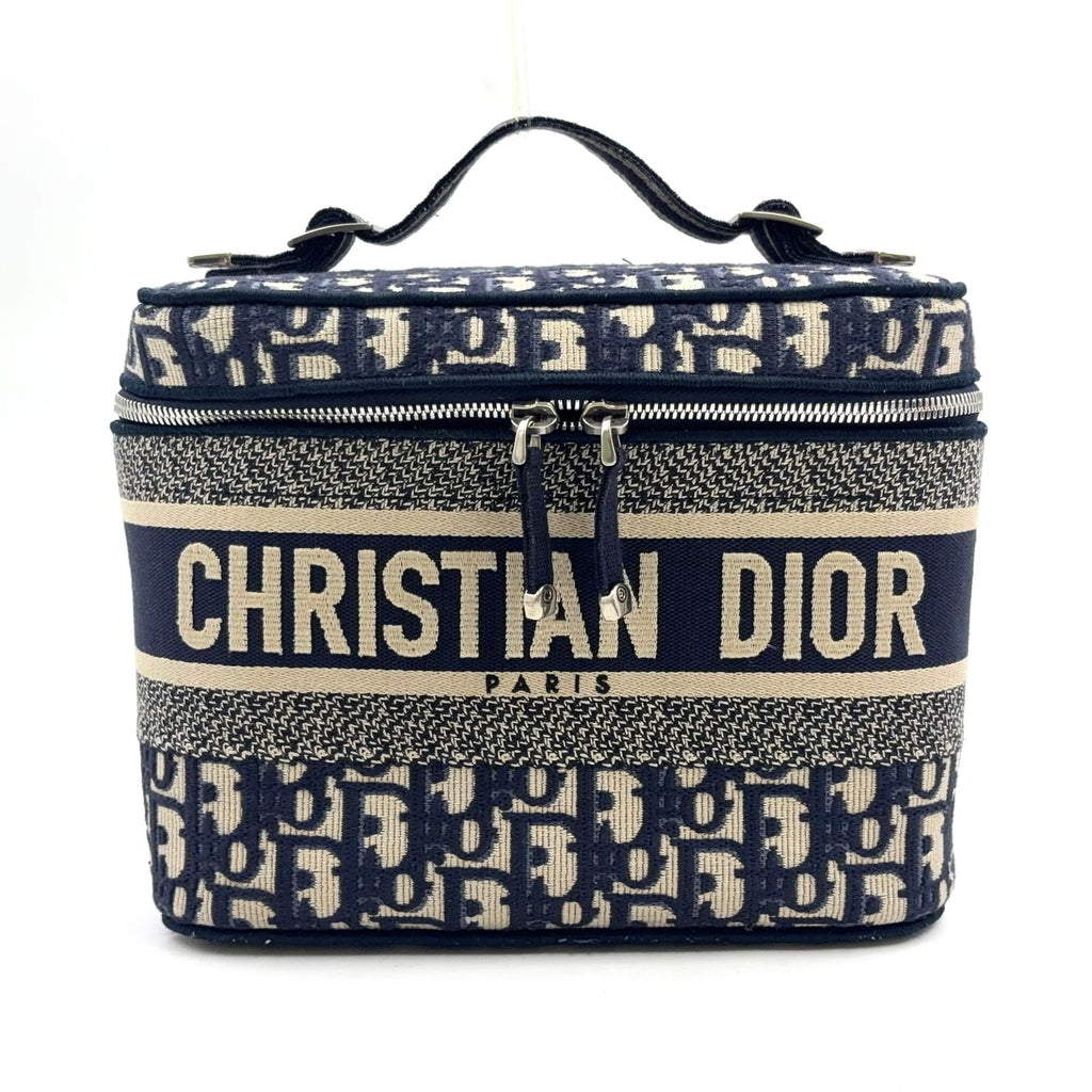 Dior Travel Vanity Cotton Off White Navy Handbag Silver