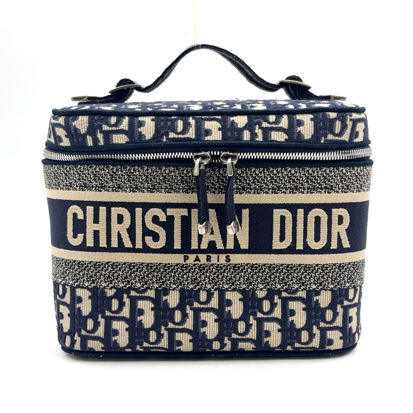 Dior Travel Vanity Cotton Off White Navy Handbag Silver