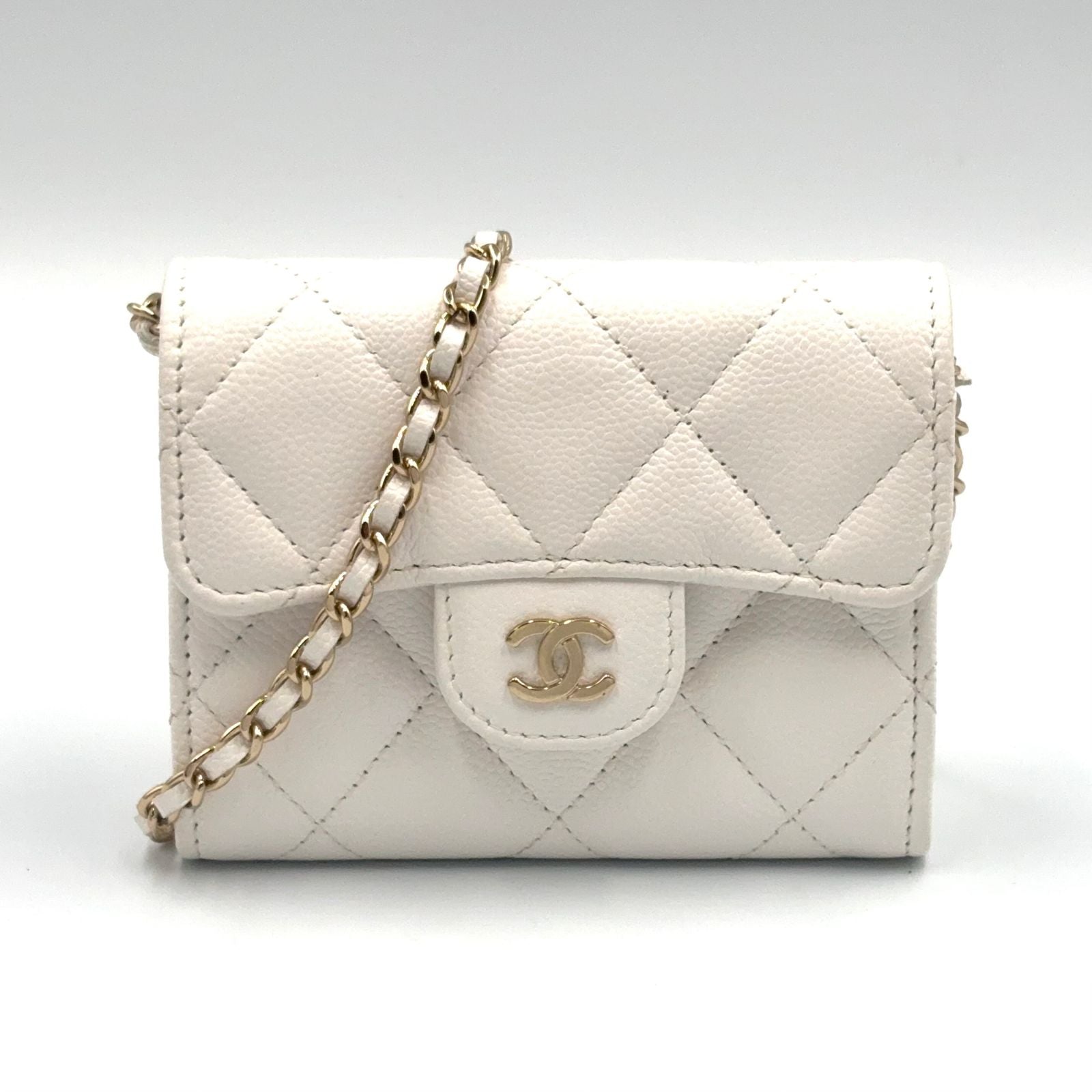 Chanel Quilted Mini Chain Random Caviar Leather White Wallet Gold