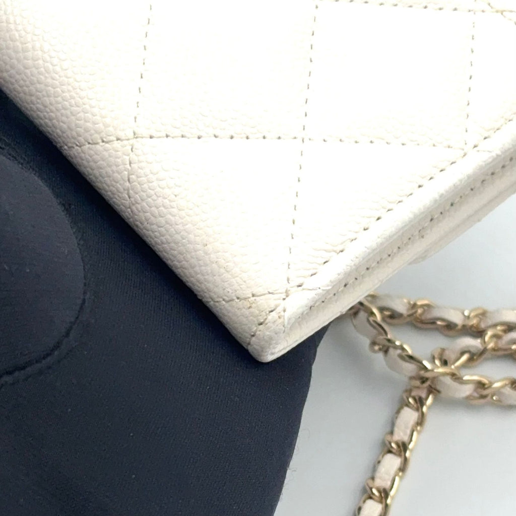 Chanel Quilted Mini Chain Random Caviar Leather White Wallet Gold — view 7