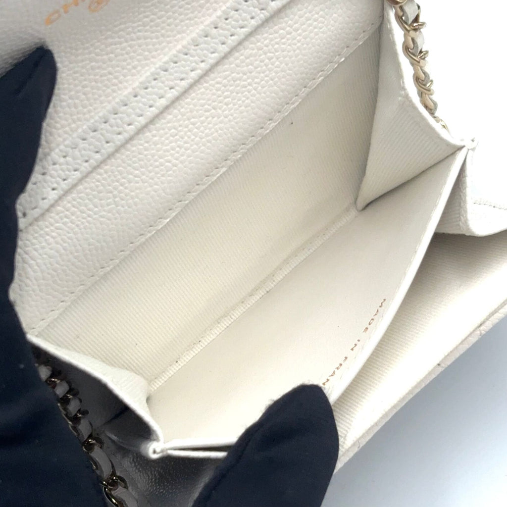 Chanel Quilted Mini Chain Random Caviar Leather White Wallet Gold — view 3