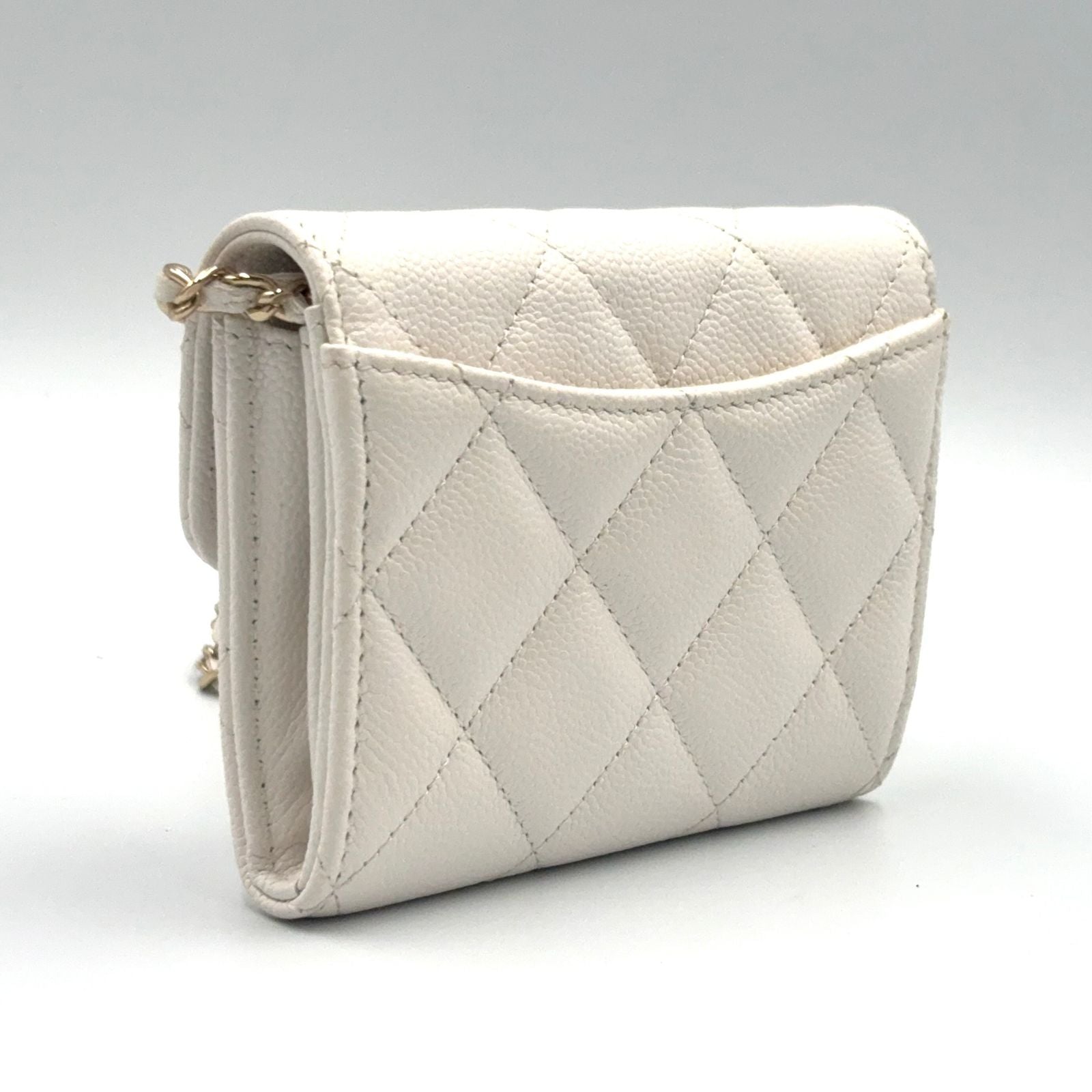 Chanel Quilted Mini Chain Random Caviar Leather White Wallet Gold — view 2