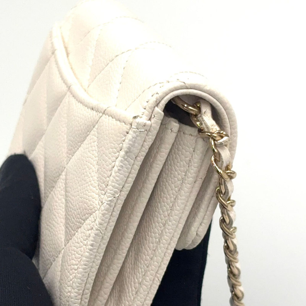 Chanel Quilted Mini Chain Random Caviar Leather White Wallet Gold — view 8