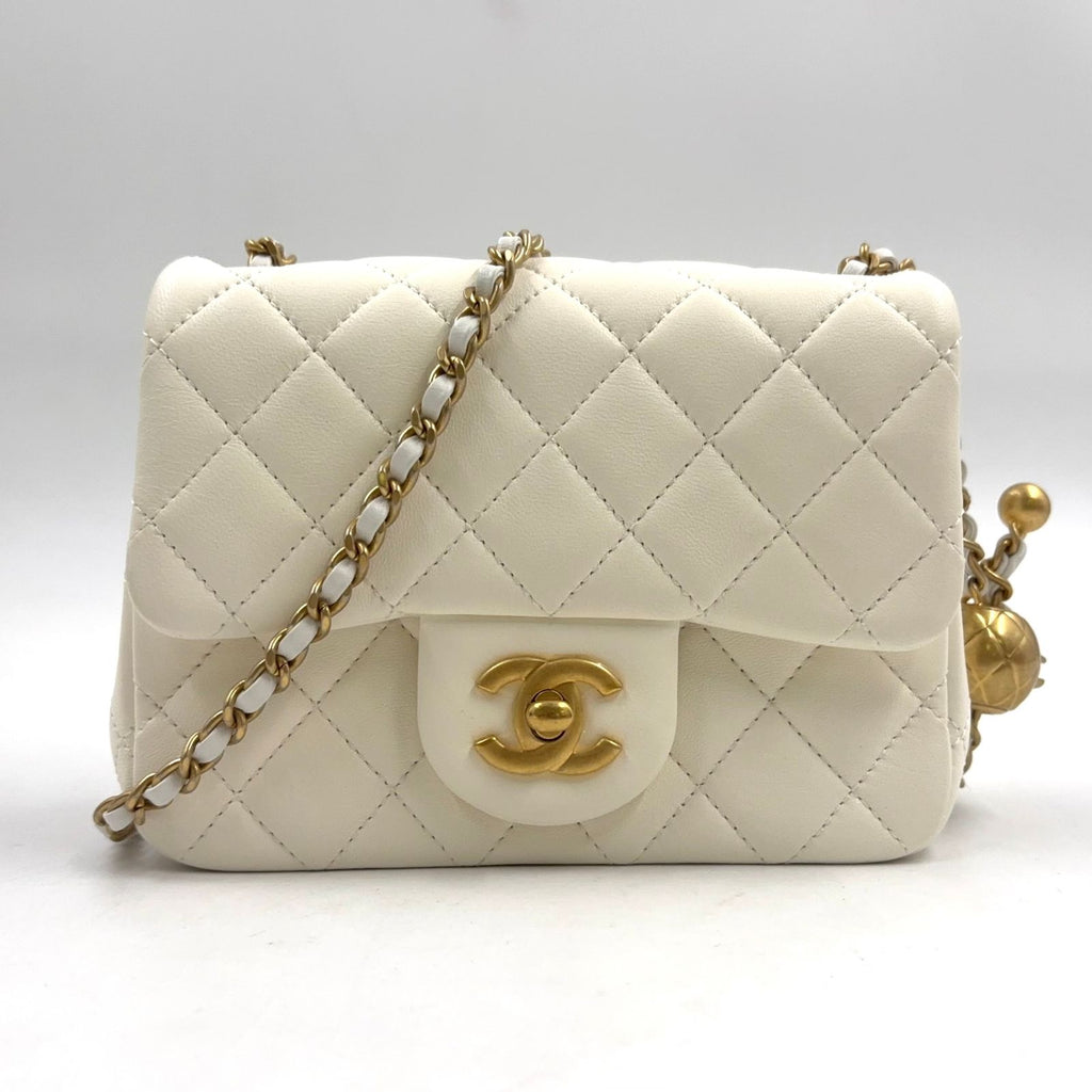 Chanel Coco Ball Mini Quilted Random Lambskin White Shoulder Bag Gold