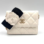 Chanel Quilted Camellia Ribbon Wallet Lambskin Fabric Black White Shoulder Bag