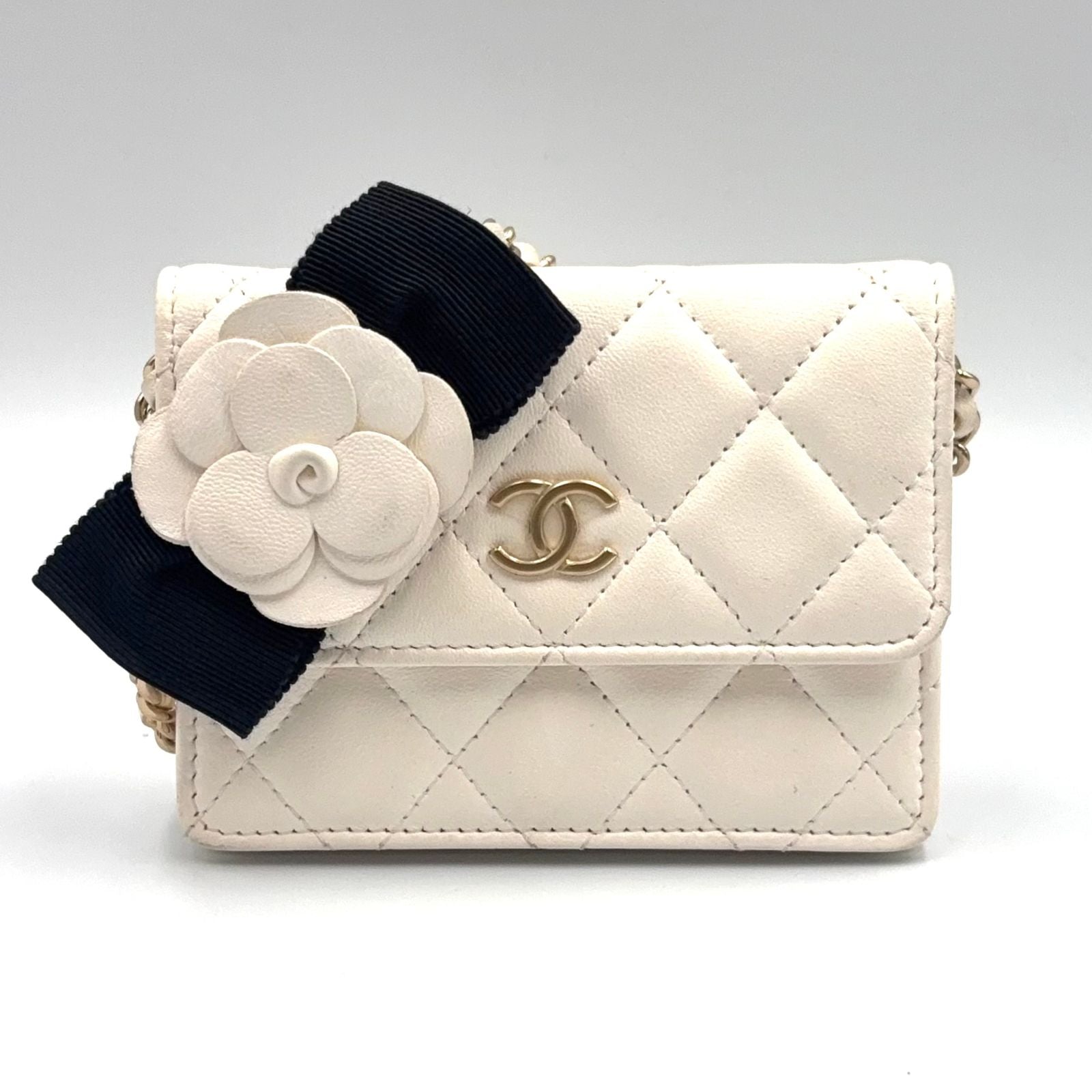 Chanel Quilted Camellia Ribbon Wallet Lambskin Fabric Black White Shoulder Bag