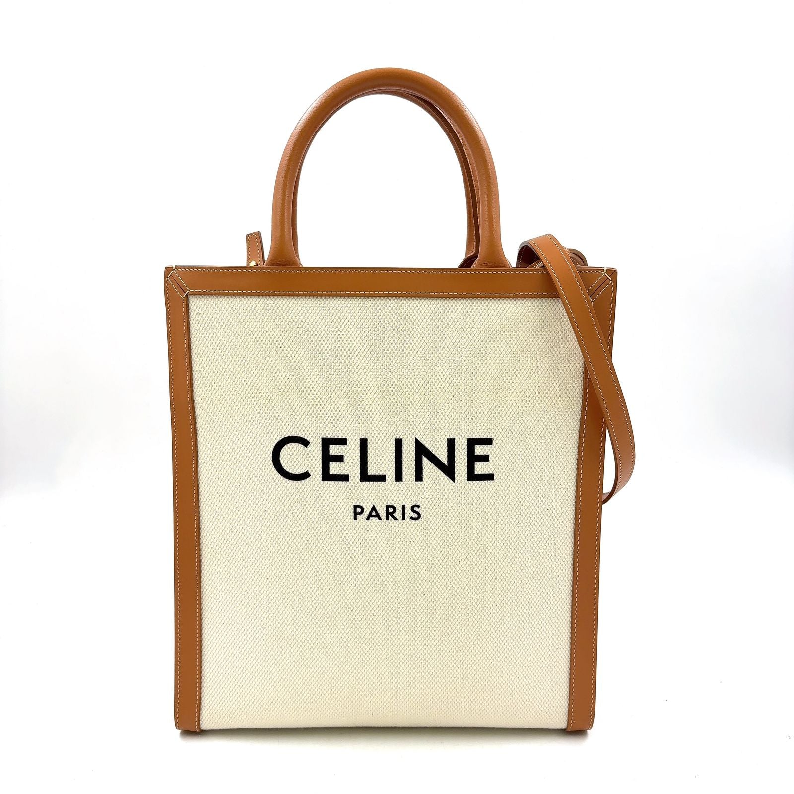 Celine Vertical Cabas 2-Way Shoulder Bag Leather Canvas Brown Beige Tote Gold