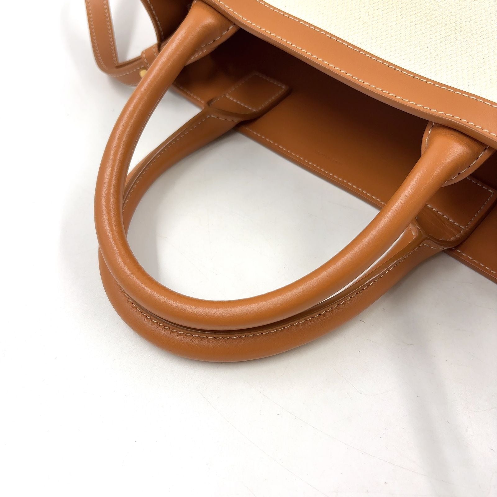 Celine Vertical Cabas 2-Way Shoulder Bag Leather Canvas Brown Beige Tote Gold — view 5