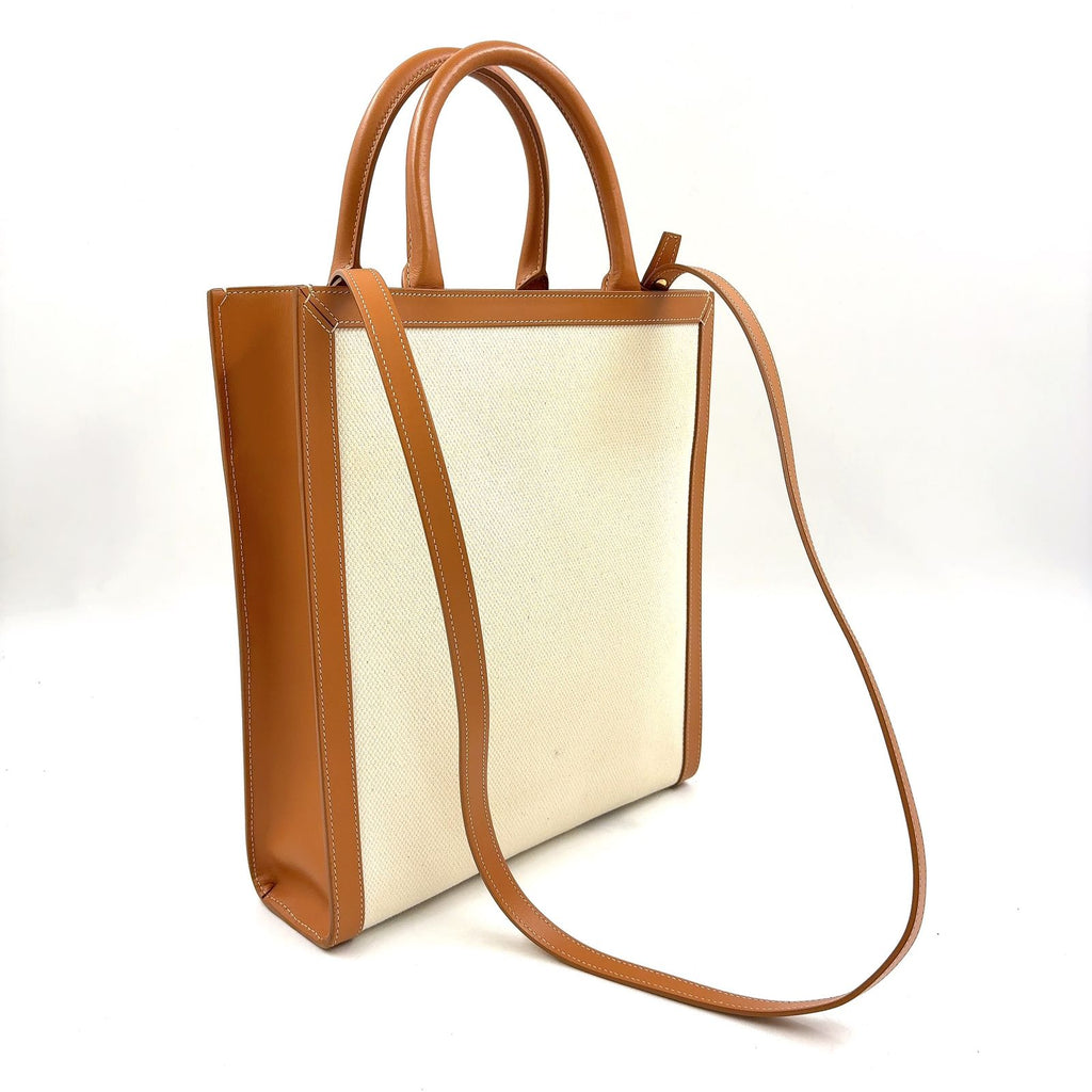 Celine Vertical Cabas 2-Way Shoulder Bag Leather Canvas Brown Beige Tote Gold — view 2