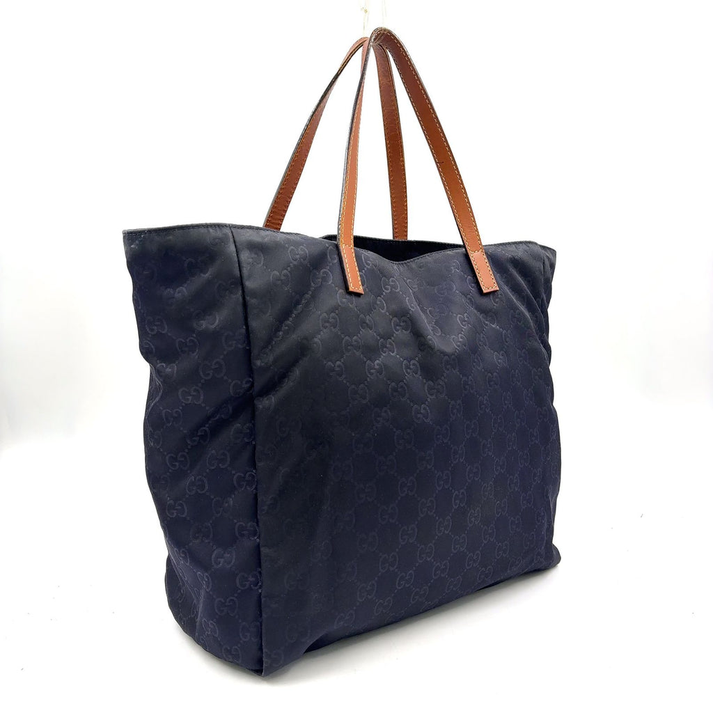 Gucci GG Pattern Leather Nylon Navy Brown Tote Bag Gold — view 2