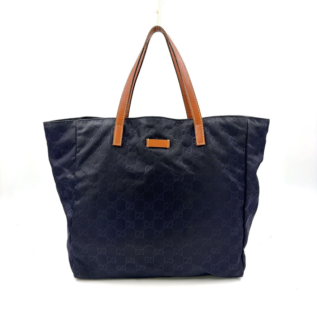 Gucci GG Pattern Leather Nylon Navy Brown Tote Bag Gold