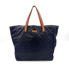 Gucci GG Pattern Leather Nylon Navy Brown Tote Bag Gold