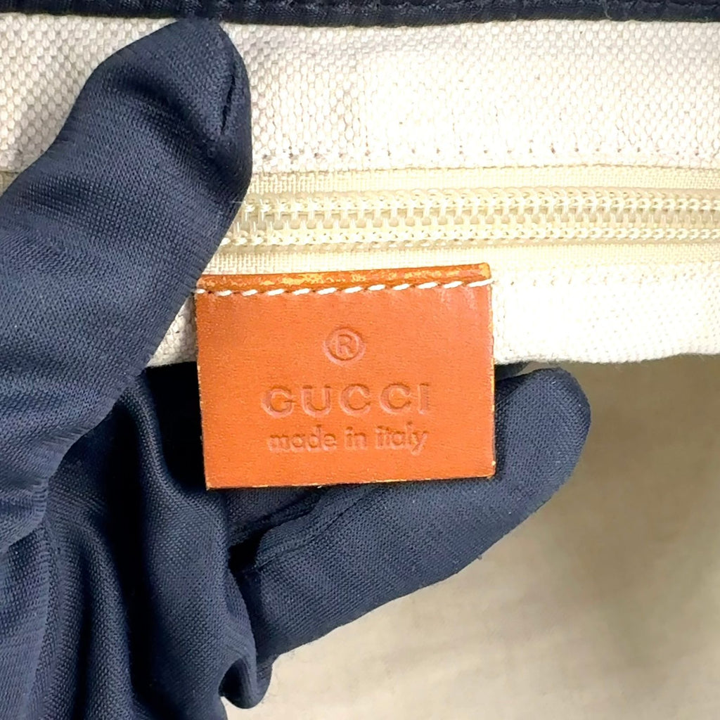Gucci GG Pattern Leather Nylon Navy Brown Tote Bag Gold — view 4
