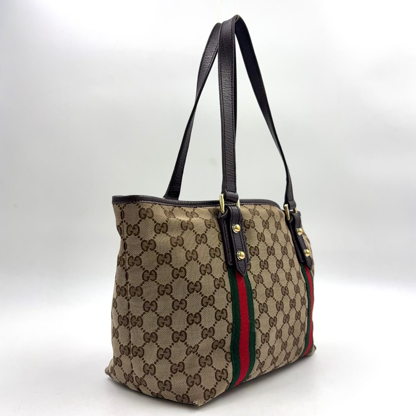 Gucci GG Canvas Sherry Line Leather Brown Beige Tote Bag Gold — view 2