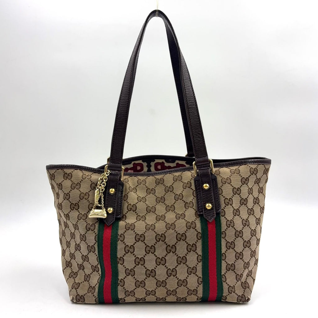 Gucci GG Canvas Sherry Line Leather Brown Beige Tote Bag Gold