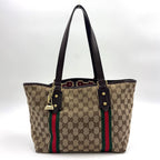 Gucci GG Canvas Sherry Line Leather Brown Beige Tote Bag Gold