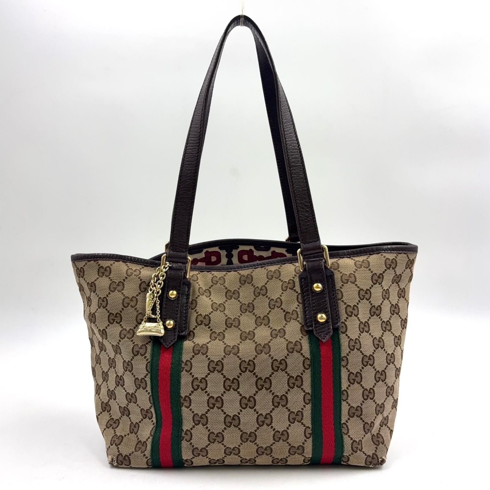 Gucci GG Canvas Sherry Line Leather Brown Beige Tote Bag Gold