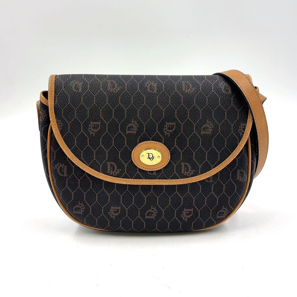 Dior Honeycomb Leather Dark Brown Light Shoulder Bag Gold