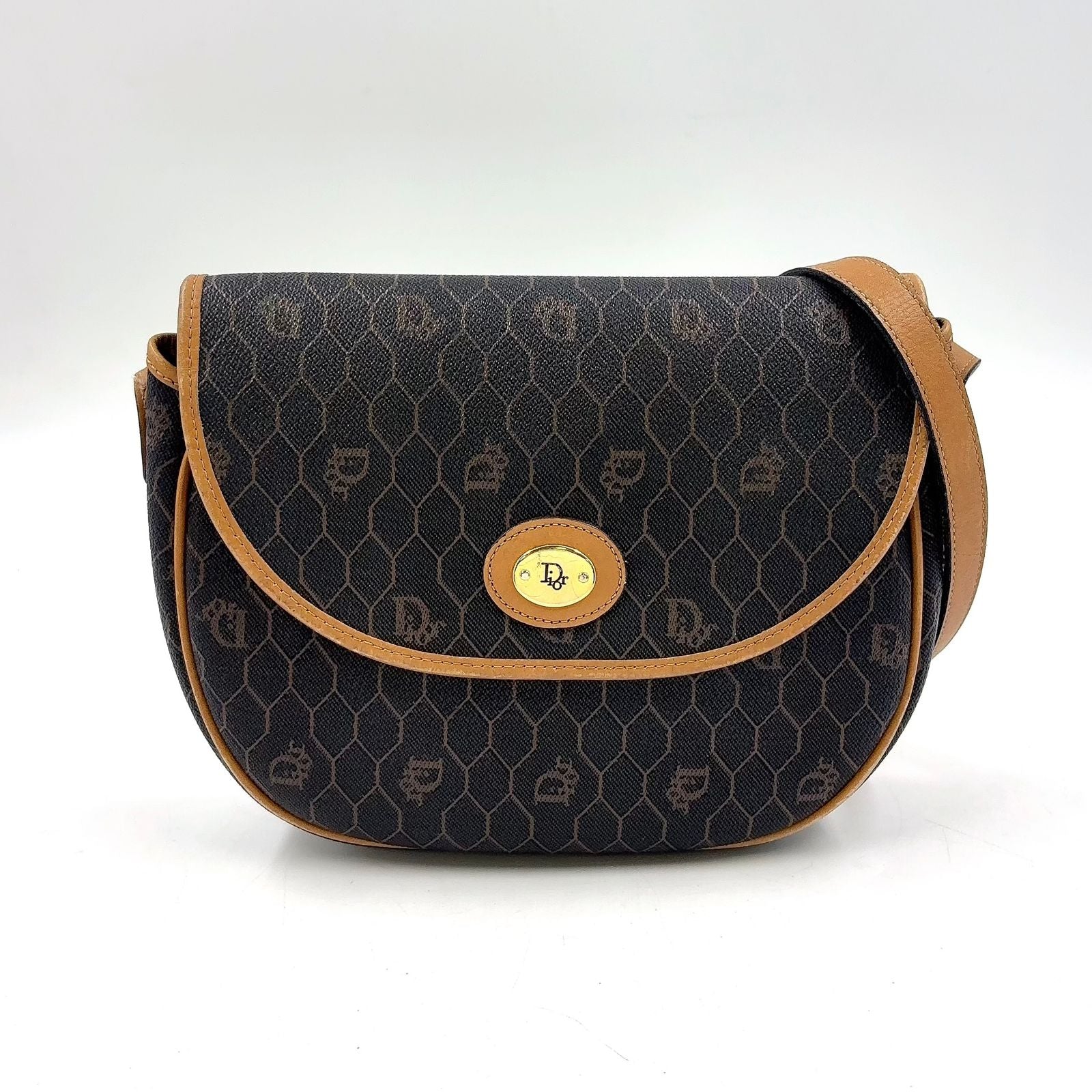 Dior Honeycomb Leather Dark Brown Light Shoulder Bag Gold