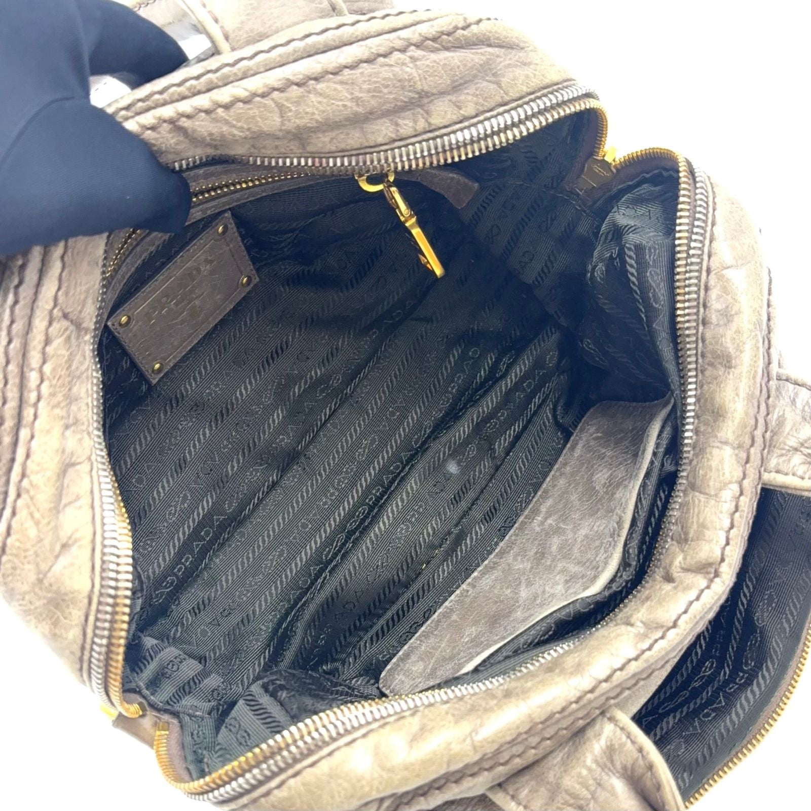 Prada Vitello Shine Bowlet Calfskin Gray Handbag Gold — view 3