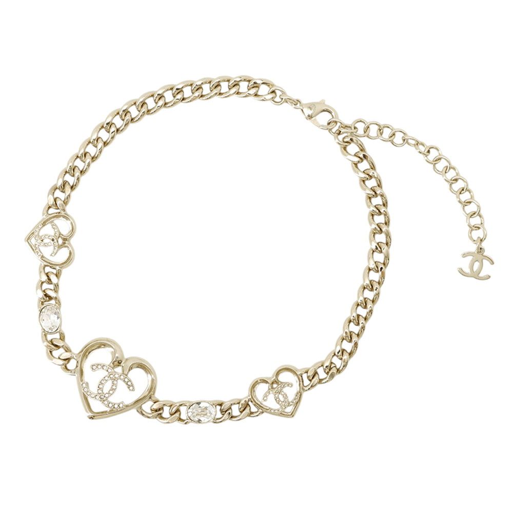 Chanel Necklace CC Logo Heart Choker Metal Rhinestone