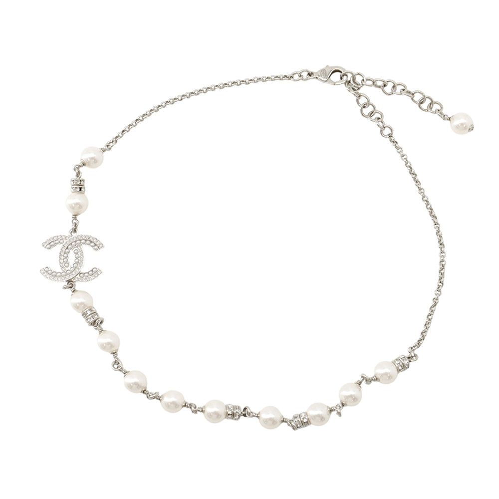 Chanel Necklace CC Logo Faux Pearl Rhinestone