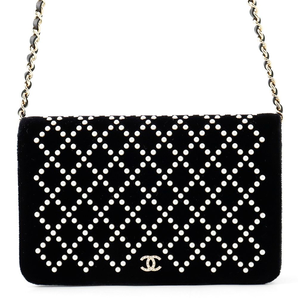 Chanel Chain Wallet CC Logo Faux Pearl Velour Black Shoulder Bag