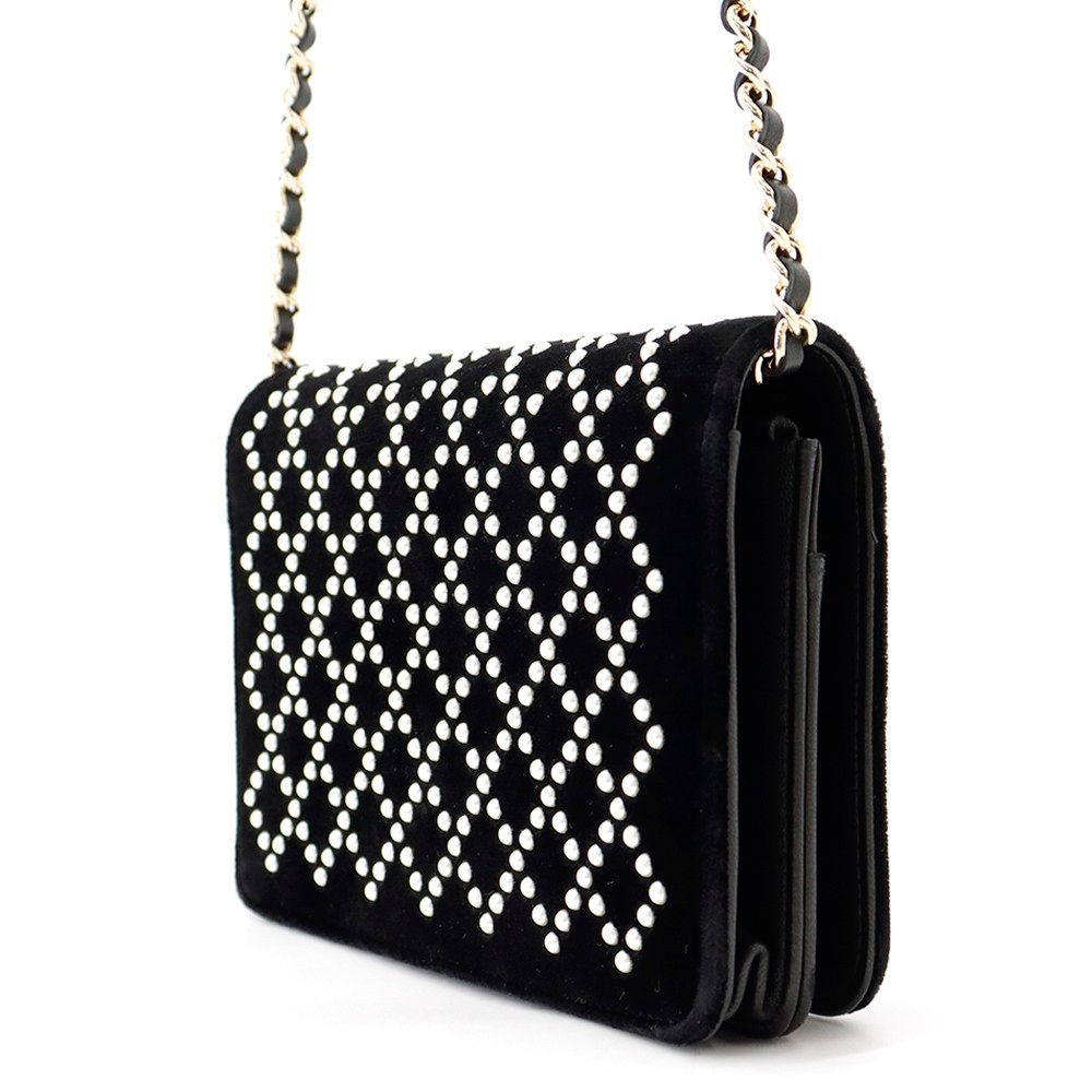 Chanel Chain Wallet CC Logo Faux Pearl Velour Black Shoulder Bag — view 2