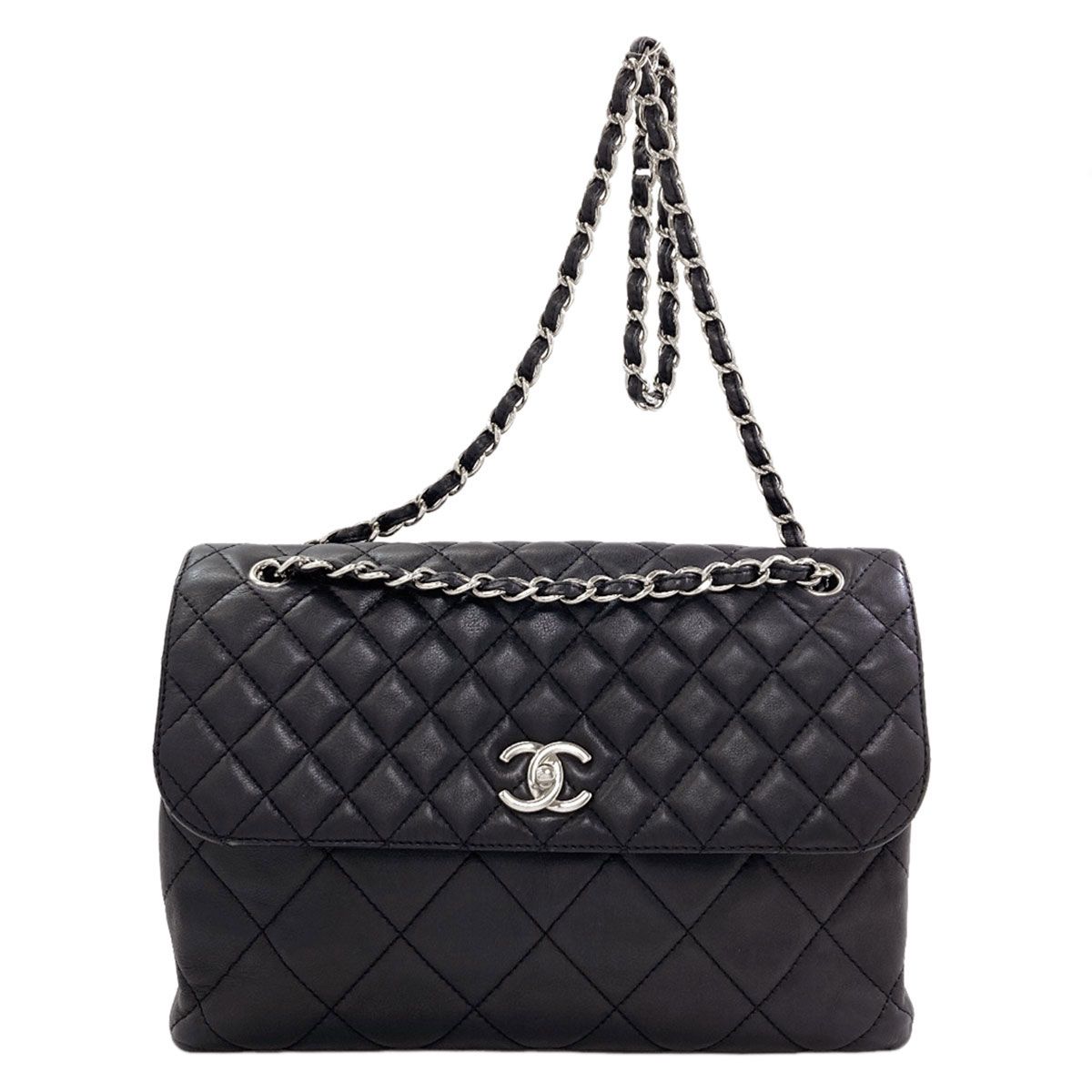 Chanel Quilted CC Logo Silver Shoulder Bag Calfskin