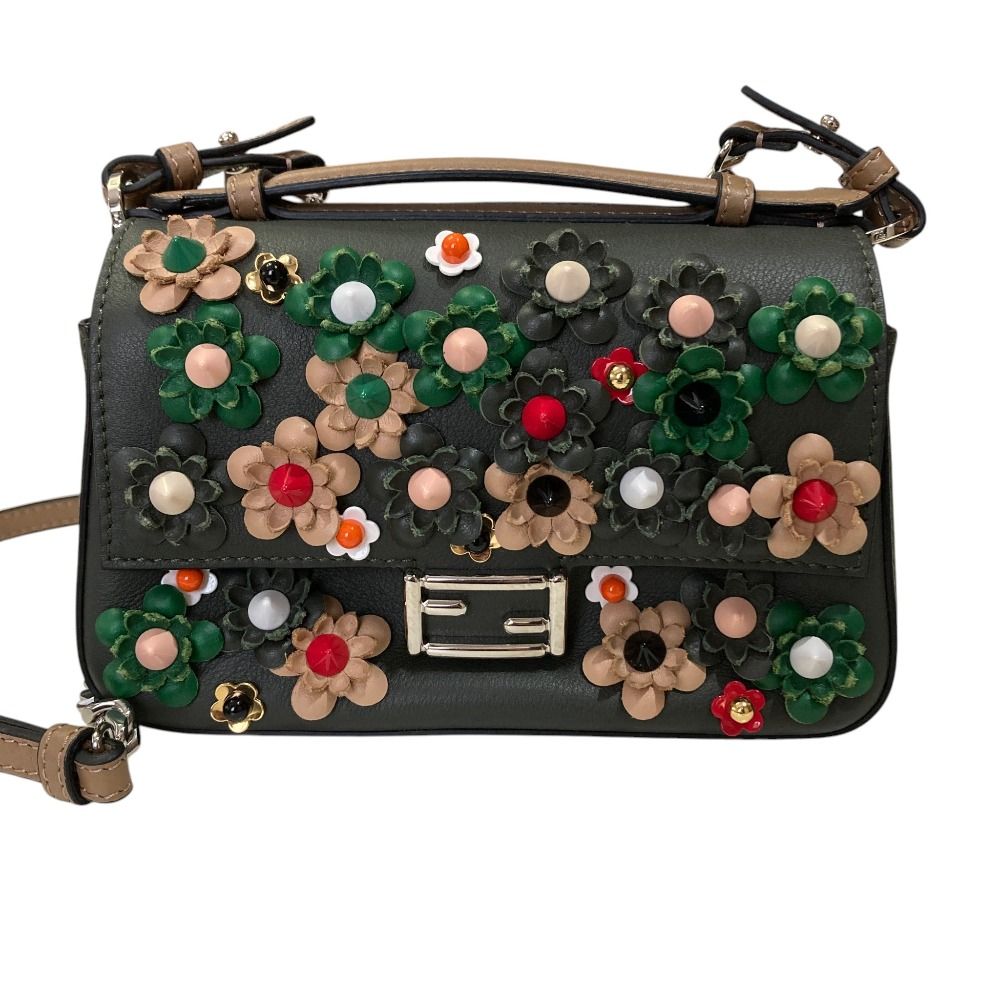 Fendi Applique Studs Flowerland Micro Double Bucket Chain Shoulder Bag Khaki