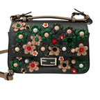 Fendi Applique Studs Flowerland Micro Double Bucket Chain Shoulder Bag Khaki
