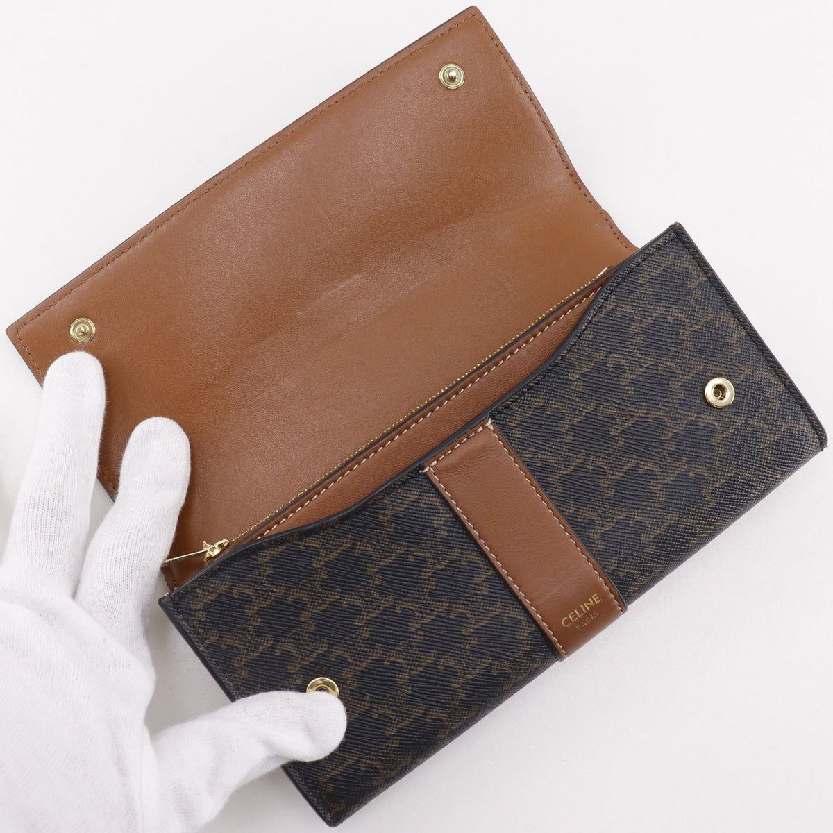 Celine Triomphe Large Flap Wallet Tan Black — view 5