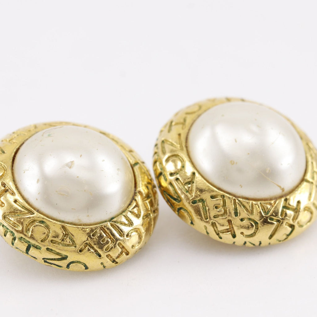 Chanel Logo Vintage Gold Plated Faux Pearl Earrings — view 7