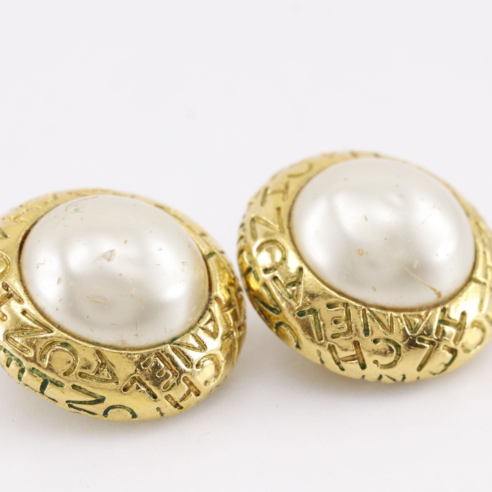 Chanel Logo Vintage Gold Plated Faux Pearl Earrings — view 7