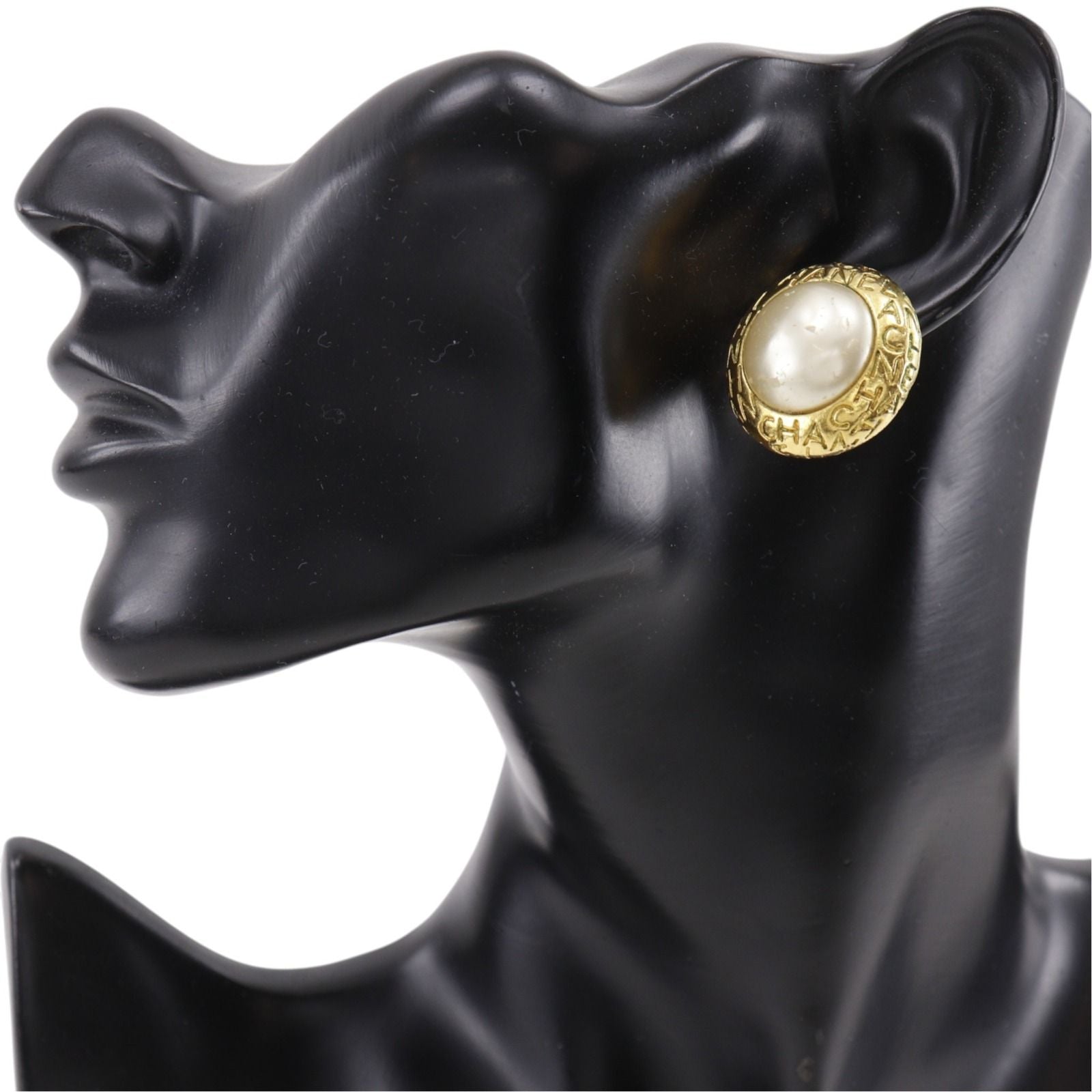 Chanel Logo Vintage Gold Plated Faux Pearl Earrings — view 2