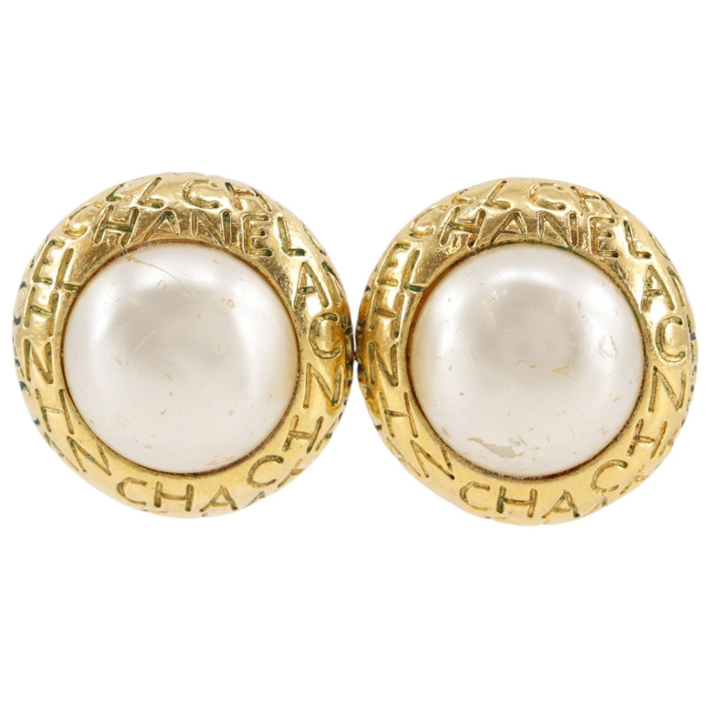 Chanel Logo Vintage Gold Plated Faux Pearl Earrings
