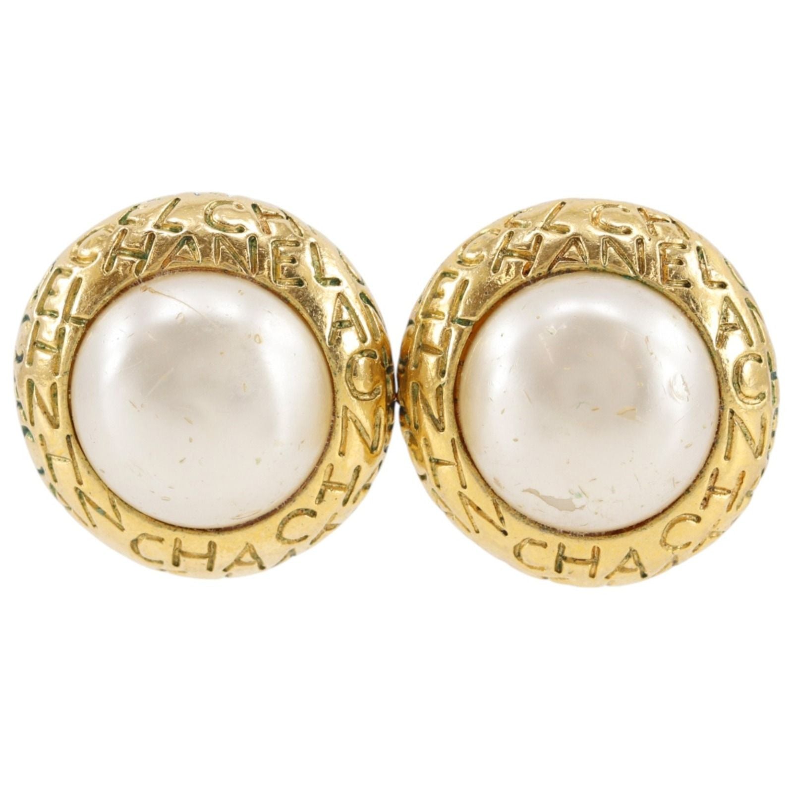 Chanel Logo Vintage Gold Plated Faux Pearl Earrings