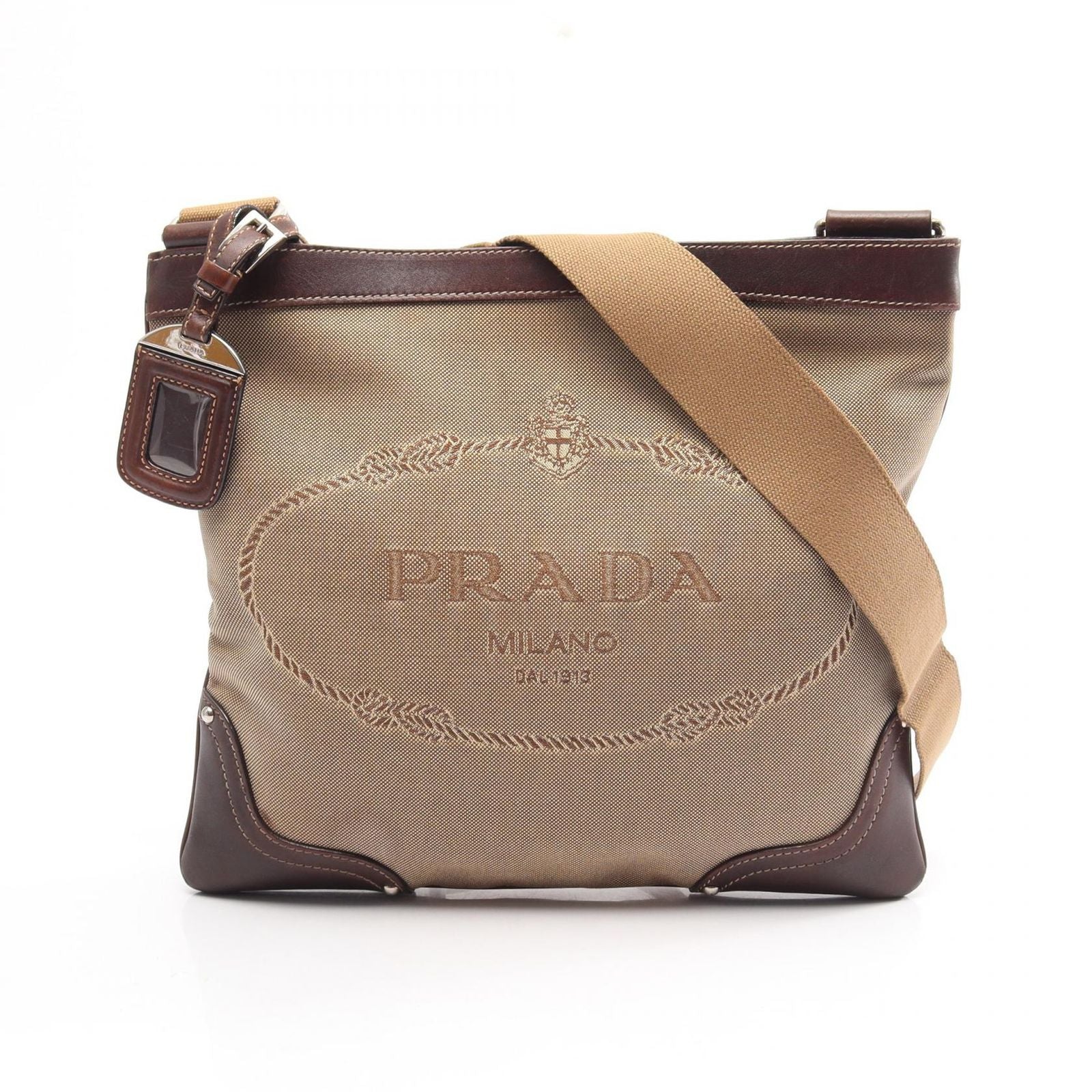 Prada Shoulder Bag Logo Jacquard Beige Brown Canvas Leather