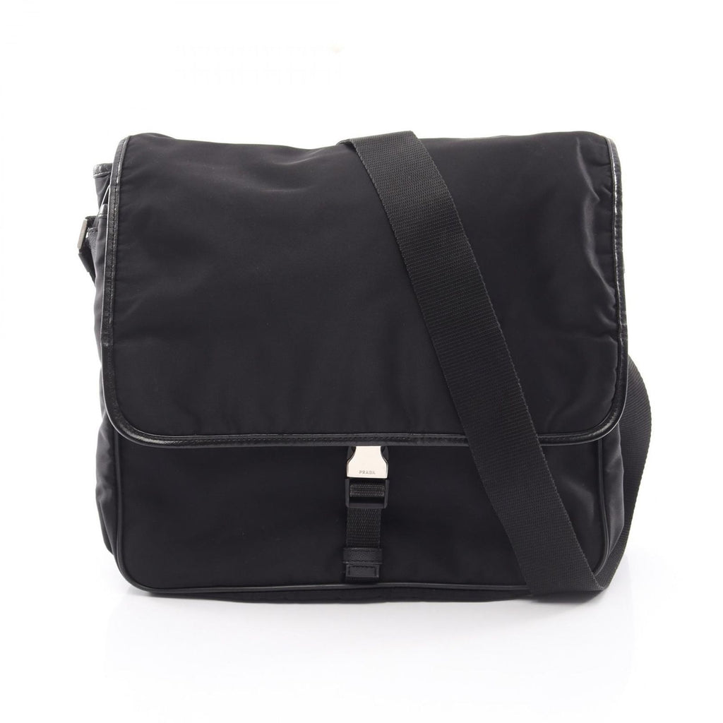Prada Shoulder Bag to Line Guru Logo Black Nylon Saffiano Leather to