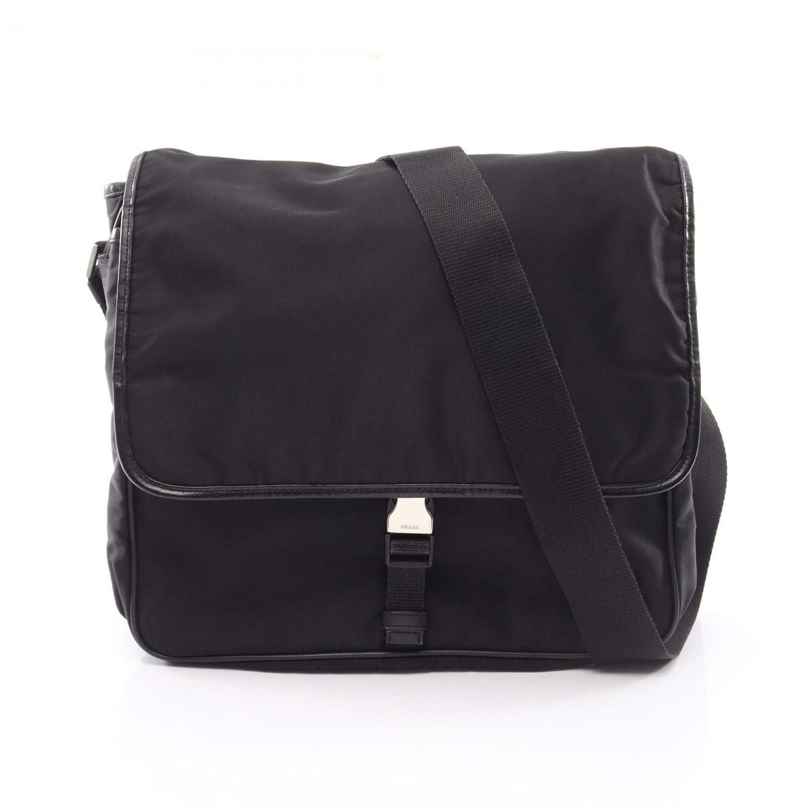 Prada Shoulder Bag to Line Guru Logo Black Nylon Saffiano Leather to