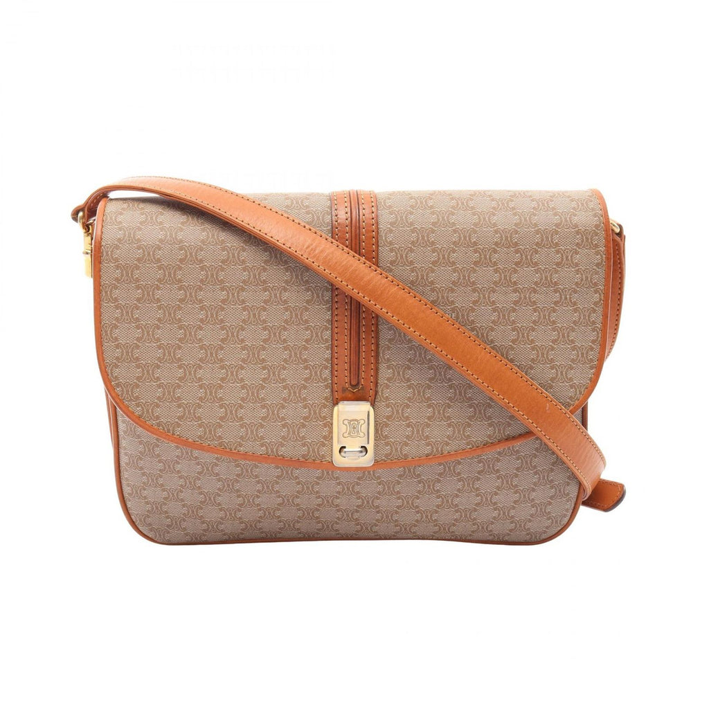 Celine Shoulder Bag Macadam Beige Brown Canvas Leather Triomphe