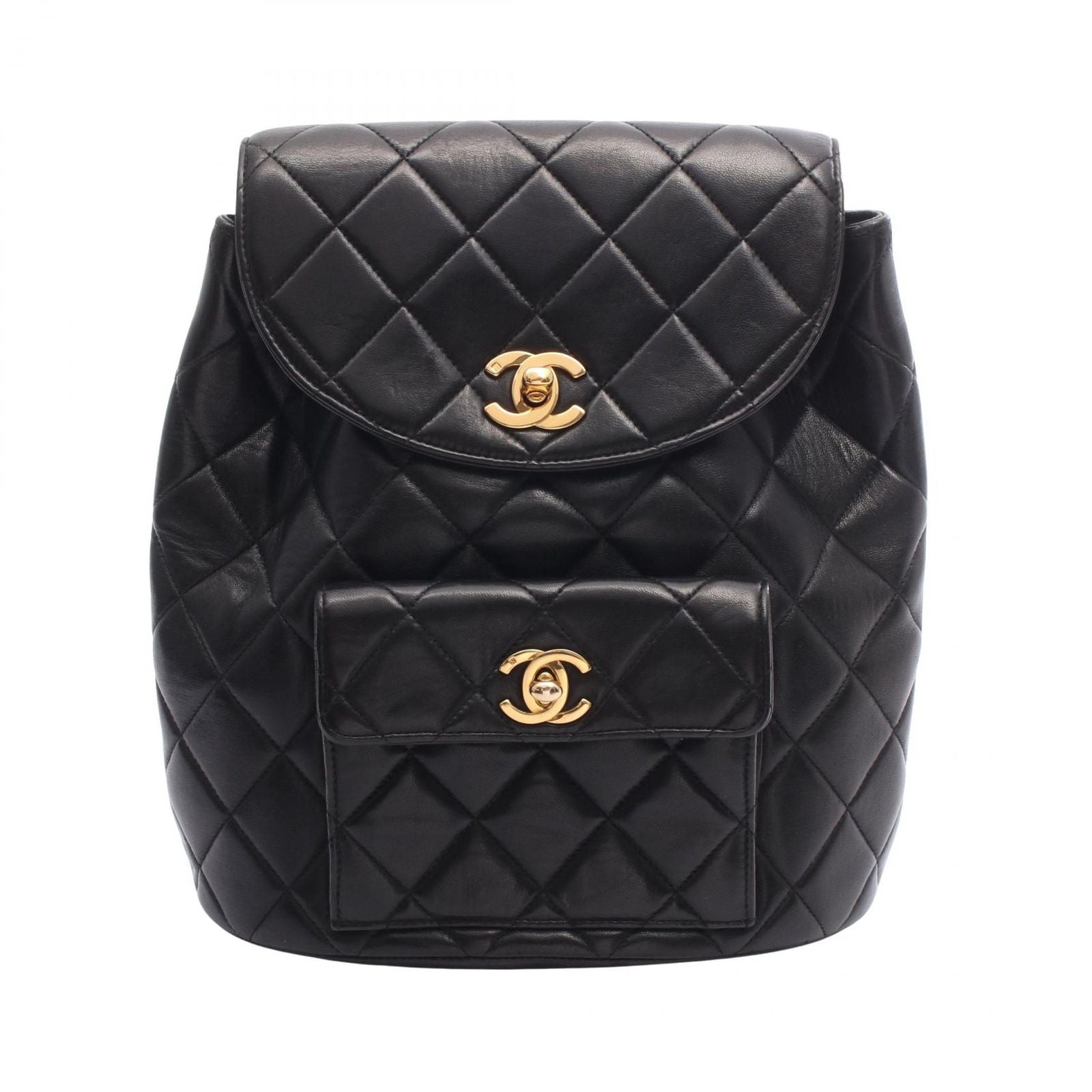 Chanel Backpack Quilted Turnlock Chain Black Lambskin Double