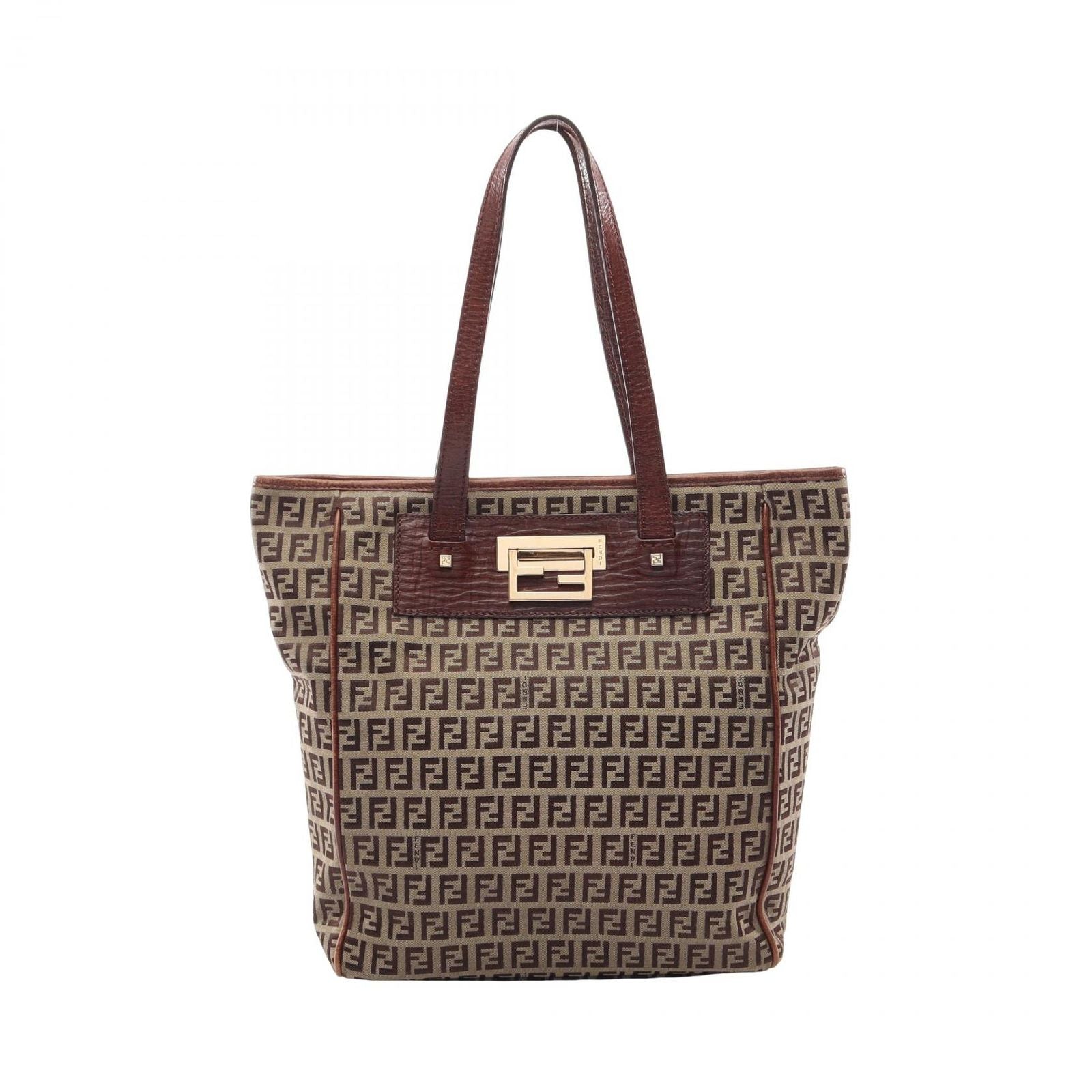 Fendi Tote Bag Zucchino Beige Brown Canvas Leather