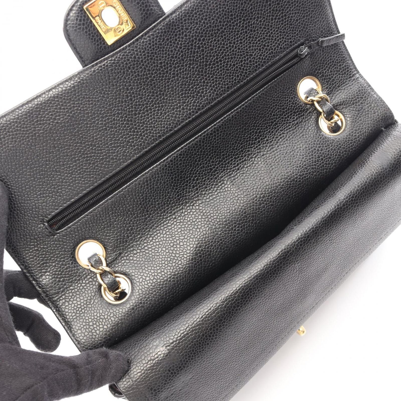 Chanel Shoulder Bag Quilted Double Flap Black Caviar Leather Chain — view 7