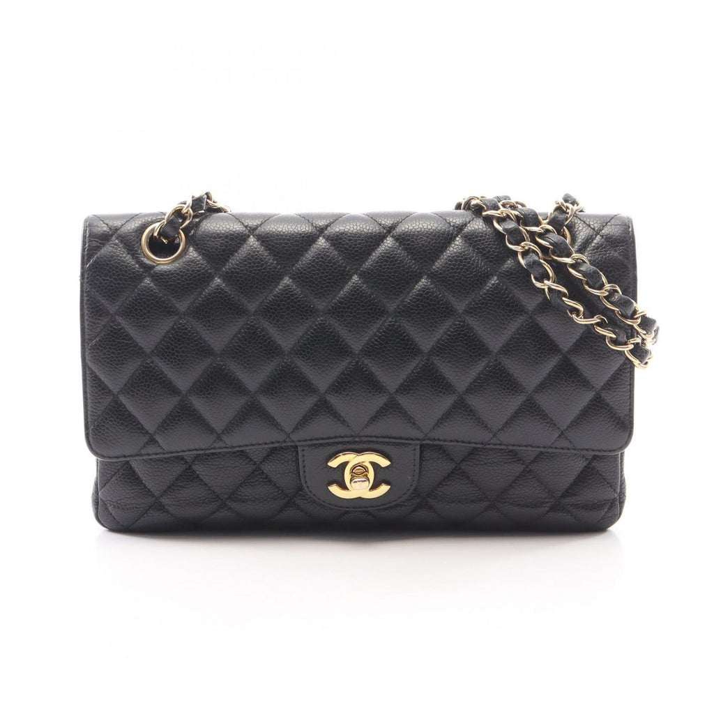 Chanel Shoulder Bag Quilted Double Flap Black Caviar Leather Chain