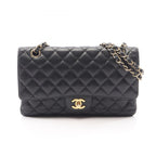 Chanel Shoulder Bag Quilted Double Flap Black Caviar Leather Chain