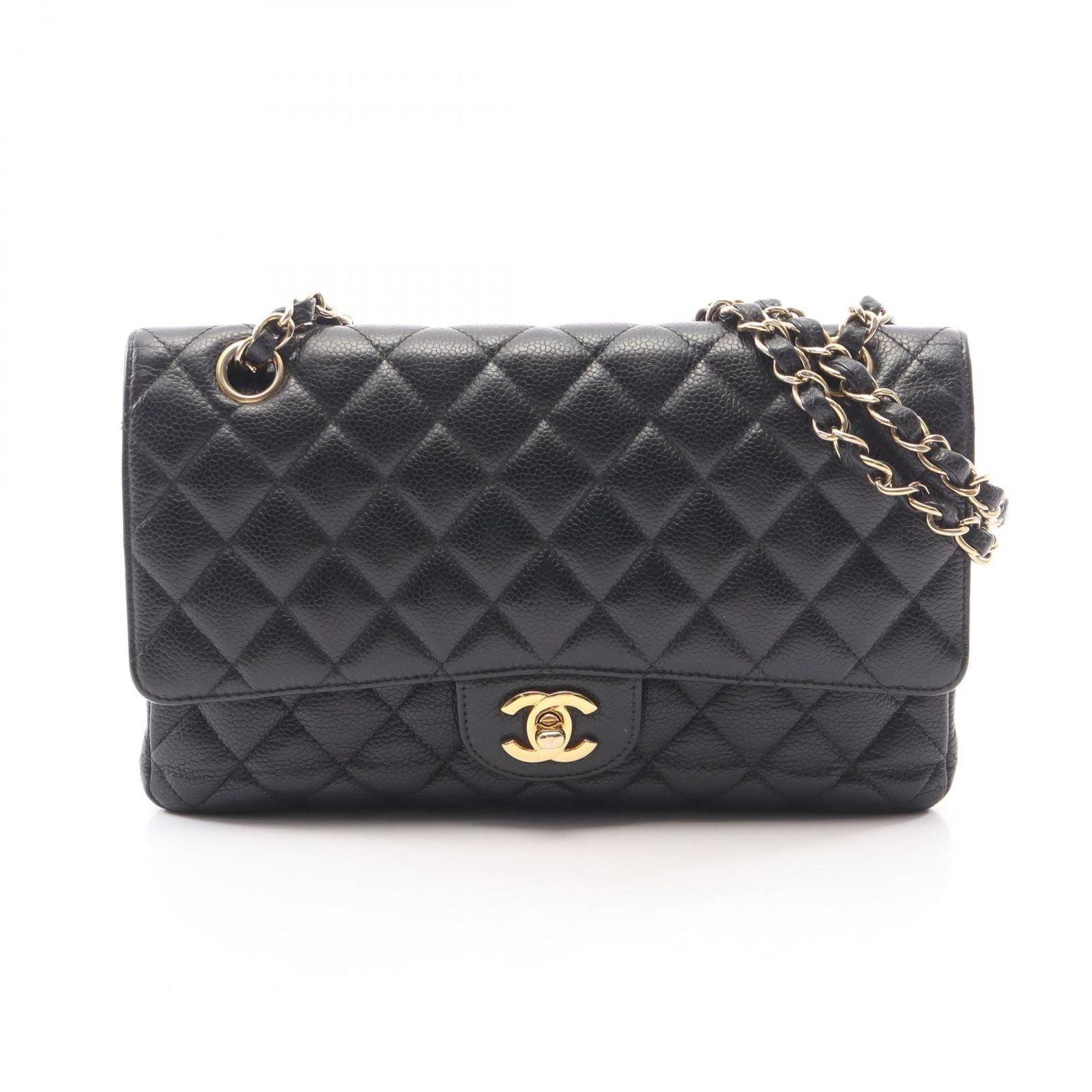 Chanel Shoulder Bag Quilted Double Flap Black Caviar Leather Chain