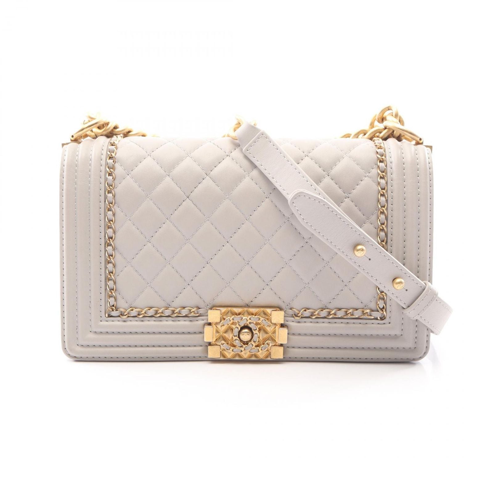 Chanel Shoulder Bag Boy Light Gray Lambskin Boy 19 Chain