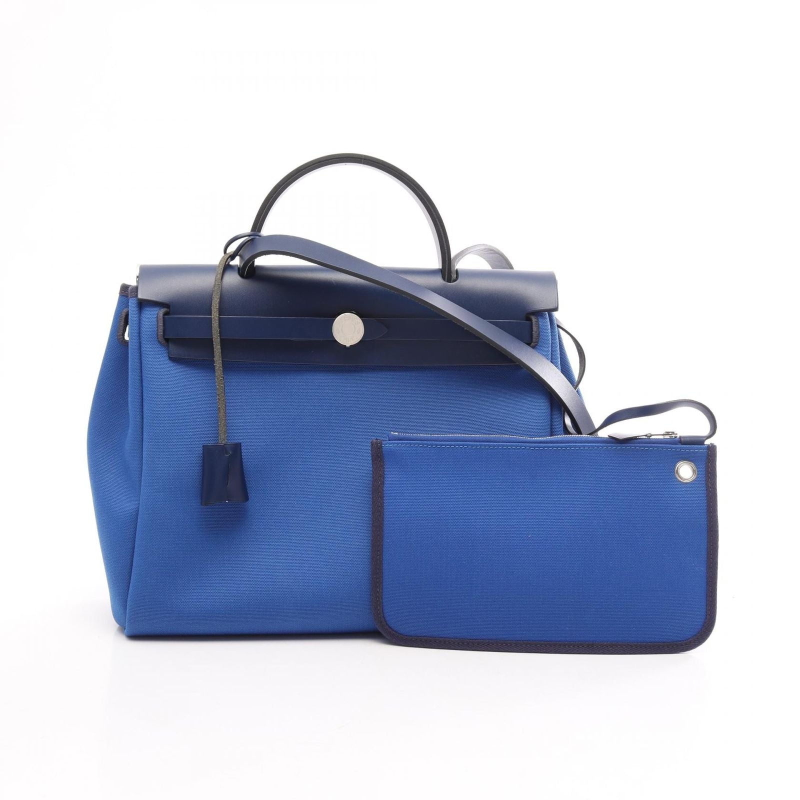 Hermes Herbag Zip PM 2-Way Blue France Canvas Leather Handbag
